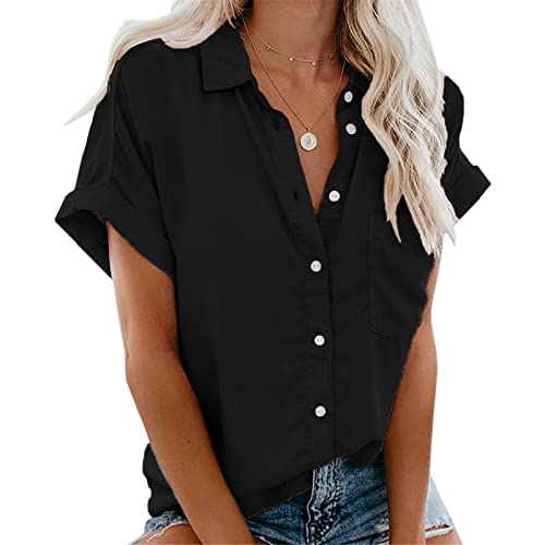 Xnova Camisa Manga Corta de Mujer Básica Blusa Botón Cuello en V Oversized Tops Sólido Essentials Shirt, Cuello con Solapa de Verano Camiseta con Bolsillo (Negro,L) Cover
