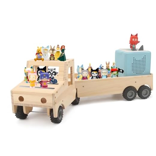 Taladad Storage & Play Car for Toniebox 2/1 and Tonie Figures Storage Shelf (Wooden Trailer), Magnetic Shelves Compatible with Tonie Box Player Character for Children Room (Natural, Wooden Trailer)