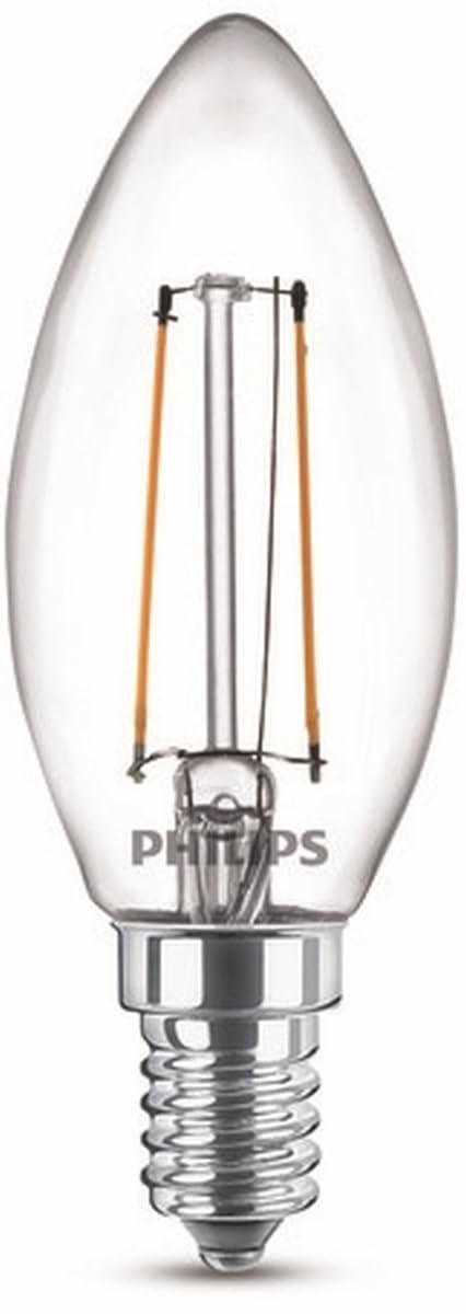 Philips Warm White Led Premium Classic Clear B35 Candle Light Bulb 2 Pack [E14 Small Edison Screw] 2W - 25W Equivalent, (2700K), Non-Dimmable.