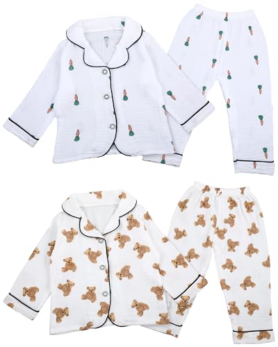 Image of Jecery 2 Sets Pajama Set Cute Long Sleeve Sleepwear Button Down Shirts and Pants Coat Style Pajama Set Nightwear Unisex