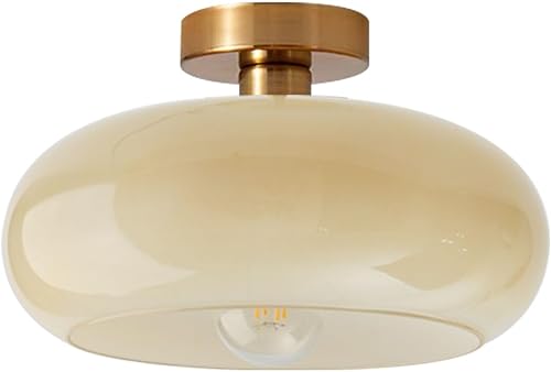 Lámpara de techo de latón empotrada de mediados de siglo, moderna lámpara de techo dorada cepillada de vidrio amarillo leche semiempotrada, lámpara