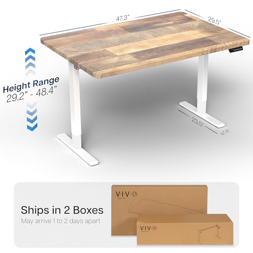 Image of VIVO Reclaimed Wood 48 x 30 in Standing Desk, DESK-KIT-1W5P | Electric, Holds 220 lbs, Sit Stand, Height Adjustable, One-Piece Extra Deep Table Top, Memory Presets, 1B Series, White Frame
