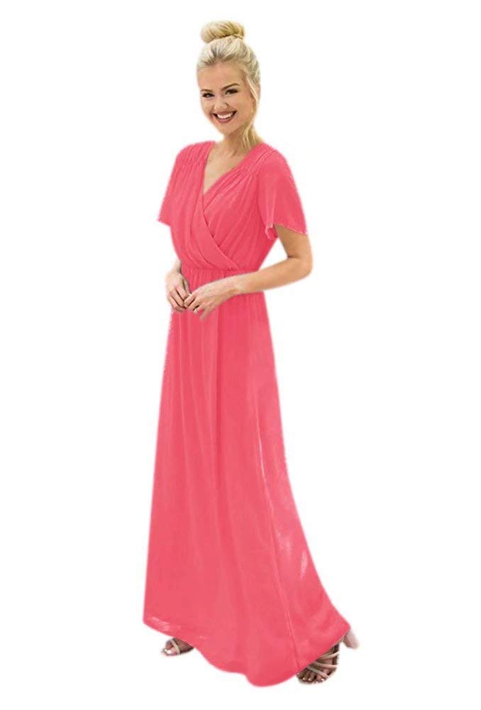 Andybridal Women's Formal A Line V Neck Pleated Chiffon Long Bridesmaid Dress with Short Sleeves Hot Pink 18 Plus