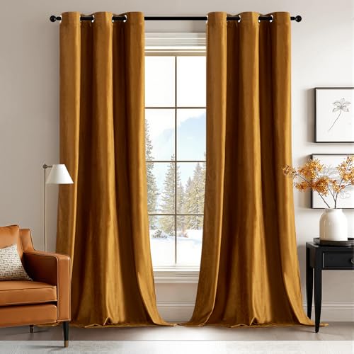 ANRODUO Golden Brown Velvet Curtains 84 Inches Long Blackout Thermal Insulated Soundproof Curtain Privacy Room Darkening Curtains Grommet Window Drapes for Bedroom Living Room 42 x 84 Inch Set of 2
