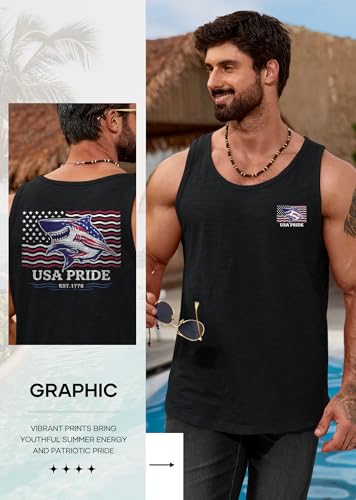 Image of VOGSTART Mens Graphic Muscle Tank Top Beach Slub Cotton Sleeveless Shirts | Design, Print, Casual, Summer, Vacation, Holiday, Surf, Hawaiian, Workout, Vintage, Tropical