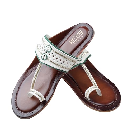 Image of Women's Kolhapuri Sandals - Handcrafted Leather Flats Chappals with Toe Ring, Comfortable Slip-On Ethnic Footwear with Embroidery & TPR Leather Sole