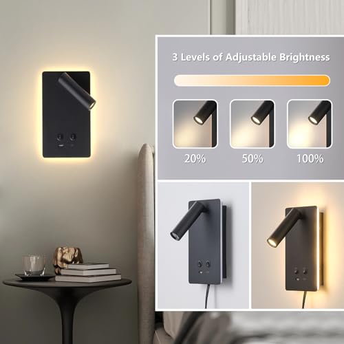 LED Wall Mounted Reading Lights for Books in Bed, Plug in Wall Sconce with USB C+A Ports & 3 Brightness Dimmable, Black Wall Lamps for Bedroom, Headboard Bedside Lamp with 9W+3W Night Light (2 pack) by MOLUOLA LIGHTING - Image 3