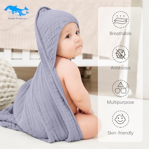 Image of SWEET DOLPHIN Muslin Hooded Baby Bath Towels - 2 Pack 100% Cotton Towel for Babies, Infants, Toddlers - 32x32Inch - Highly Absorbent and Newborn Essential, Grey