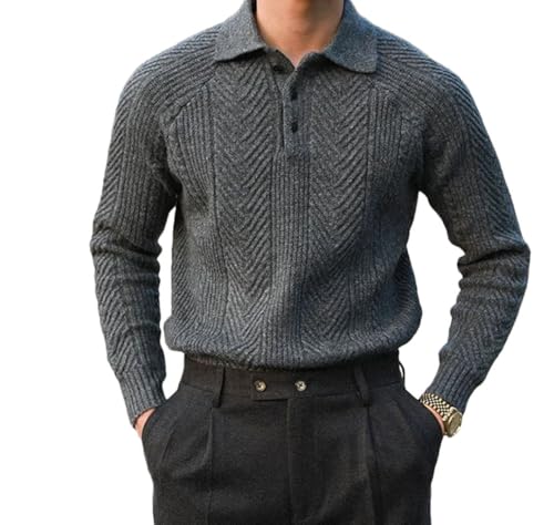 Men’S Textured Knit Long Sleeve Turn Down Collar Zipper Casual Solid Color Top