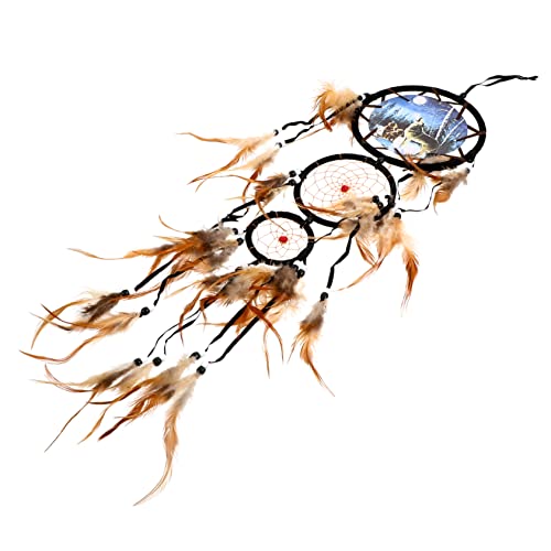 VINTORKY Wolf Oil Painting Dreamcatcher Indoor Hanging Ornament Beige Pendant Wall Art for Home Decor Unique Dream Catcher Pendant for Bedrooms Parties and Holiday Celebrations