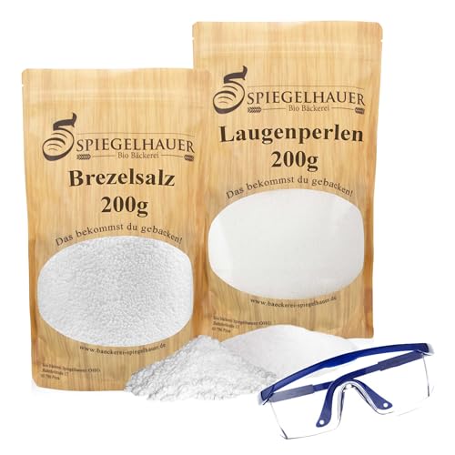 Bäckerei Spiegelhauer Set für Laugengebäck I Brezellauge und Brezelsalz I Laugenperlen 200g +Brezelsalz 200 g + Schutzbrille