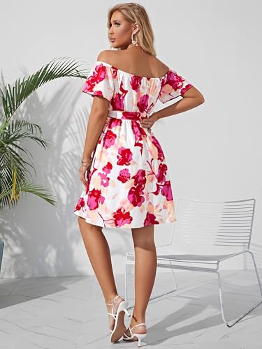 Image of Off Shoulder Ruffle Dress for Women, A-Line Mini Dress with Belt, Fitted Bust Summer Wedding Guest Dress