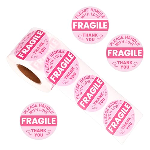 500pcs Fragile Stickers for Shipping, 2 Inch Round Handle with Love Thank You Labels Cute Pink Fragile Stickers for Packing Boxes Moving Glassware & Breakable Items