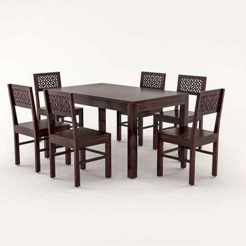Image of Solid Sheesham Wood Dining Table Set 6 Seater | Six Seater Wooden Dining Table with 6 Chairs for Living Room, Home, Hotel & Restaurant | Walnut Finish
