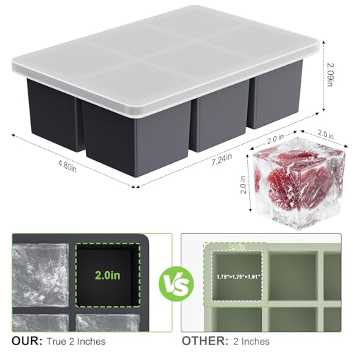 Image of Large Ice Cube Tray for Whiskey: Silicone Ice Cube Trays with Lid - 2Pack Big Square Old Fashioned Ice Cube Maker for Cocktail - 2inch Huge Cubed Ice Trays (Black+Green+Blue(3pack)(6 Grid))