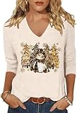Womens Gilter Chrismtas Snowman V Neck T Shirt Gold Snowflake Xmas Tree Graphic 3/4 Sleeve Tee Winter Holiday Tops(X-Large,Beige04)