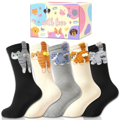 FRVCRS 5 Pairs Cute Cat Socks with Ball Cat Socks for Women Funny Socks 3D Novelty Silly Sock Weird Stuff Animal Kitty Cat Lovers Gift