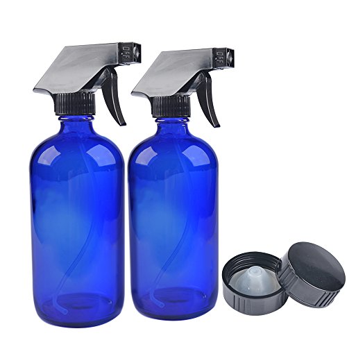 2 Pack 16 oz Blue Glass Spray Bottles with Black Trigger Sprayer.Refillable Glass Bottles for Essential Oils,Cleaning Products,Aromatherapy,Organic Beauty Products.Stream and Spray Settings Available