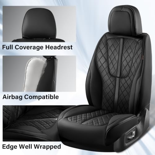 Image of Coverado Leather Car Seat Covers Full Set, Luxury Diamond-Pattern Black Leather Seat Covers & Carbon Fiber, Waterproof Car Seat Protector, 5 Seats Automotive Seat Covers Universal Fit for Most Cars