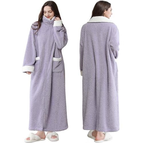 Oksun Womens Long Zipper Robe: Full Length Soft Fleece Warm Bathrobe - Cozy Fuzzy Winter Housecoat Plus Size