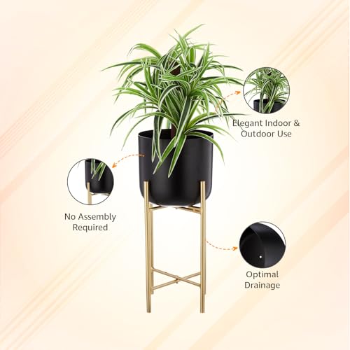 Image of amazon basics Planter with Stand | Flower Pot for Home Decor and Indoor and Outdoor Gardening | Set of 2 (Black Finish)