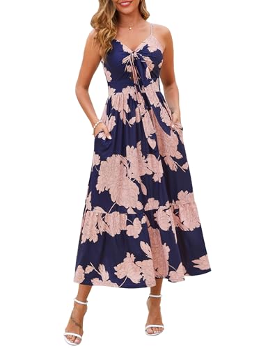 Image of Kranda Women 2026 Summer Sundress High Waist Tie Front Spaghetti Strap Long Beach Floral Tiered Maxi Dress with Pockets