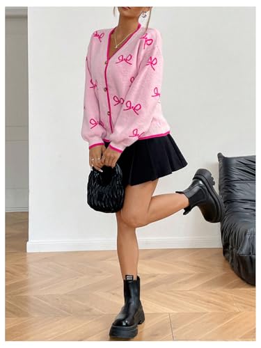Image of MakeMeChic Women's Bow V Neck Button Up Cardigan Sweaters Long Sleeve Cute Outerwear Pink Small