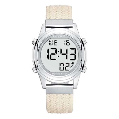 Hearkent Reloj de habla digital para mujer con voz cómoda alemana LCD números grandes reloj para personas con discapacidad visual, ancianos o ciegos, beige, Clásico