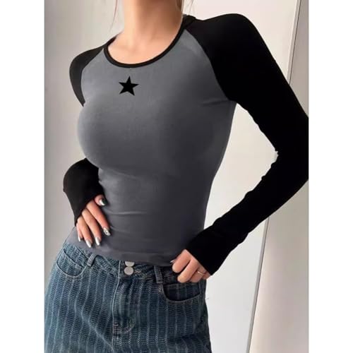Star Shirt Color Block Graphic Round Neck Long Sleeve Pullover Bodycon Slim Fit Fall Streetwear Shirt4
