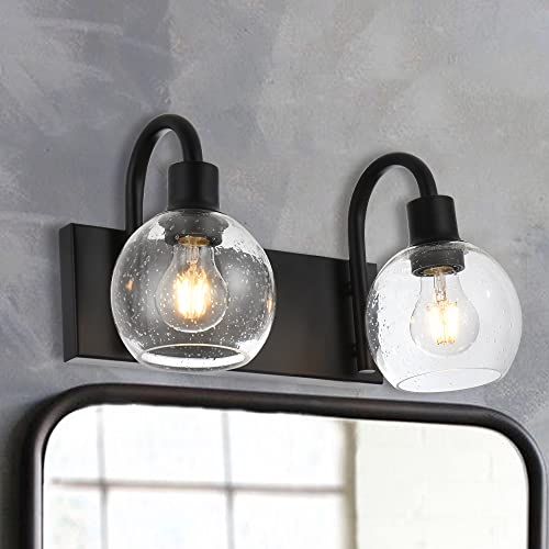 Image of Bathroom Vanity Light with Globe Seeded Glass 2-Lights Industrial Black Wall Sconce Lighting for Foyer Hallway
