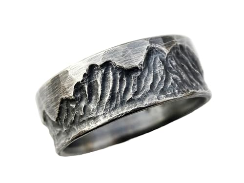 Custom carved silver mountain ring, man wedding band silver mountain range ring, personalized gift for men, handmade ring for women