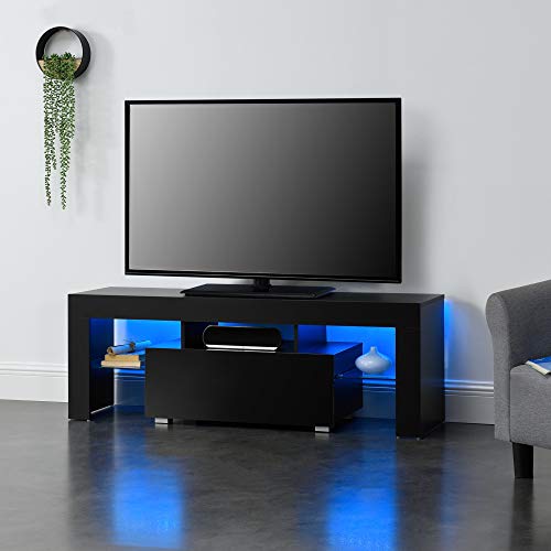 [en.casa] Meuble TV avec Éclairage LED Multicolore Banc Support Design avec Étagères de Verre et Tiroir Panneaux de Particules Mélaminés 130 x 35 x 45 cm Noir