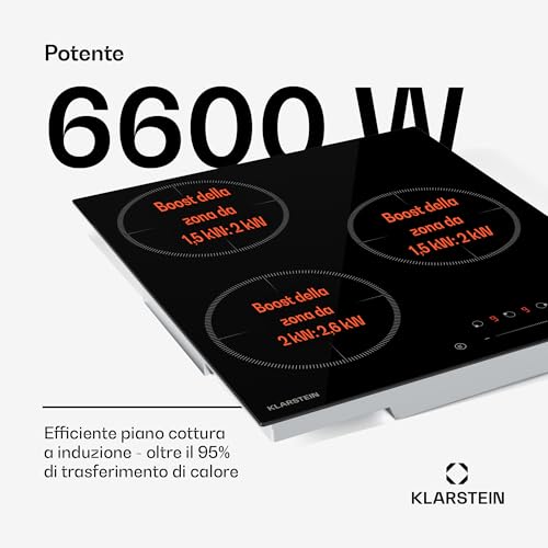 Klarstein Delicatessa Piastra Induzione - 3 Zone Fornello Induzione da Incasso, 6600W con Booster, Controllo touch a scorrimento, Timer & Blocco Bambini, Vetroceramica Nera, Design Compatto 45cm - 3