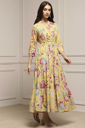 Image of Biba Women's Cotton 3 /4 Sleeves Calf Length Band Collar A-Line Floral Printed Casual Dress