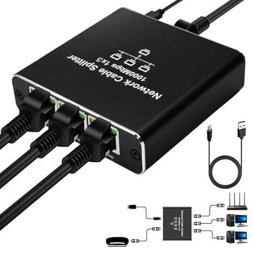 Ethernet Splitter 1 to 3 out 1000Mbps High Speed Gigabit Internet Lan Network Switch With Portable USBC Power Cable for Computer Hub Router ADSL Set Top Box Digital TV Etc Working Simultaneously Black