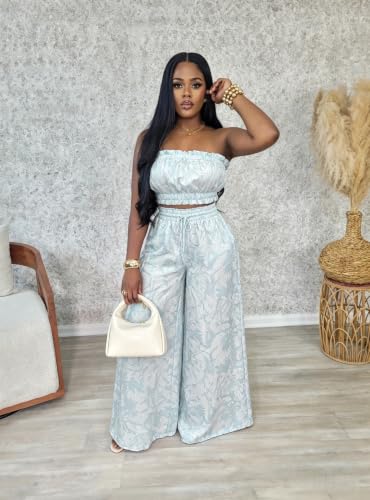 Image of Two Piece Sets for Women Summer Outfits Crop Tops and Wide Leg Pants Sets Sexy Jumpsuits Vacation Outfits with Pockets