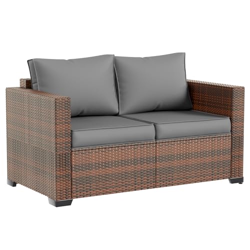 Image of Amopatio Patio Loveseat, Outdoor Furniture 2-Seat Wicker Porch Furniture Outdoor Couch Sofa with Water-Resistant Cover & Non-Slip Cushions, Premium Patio Set, Gray