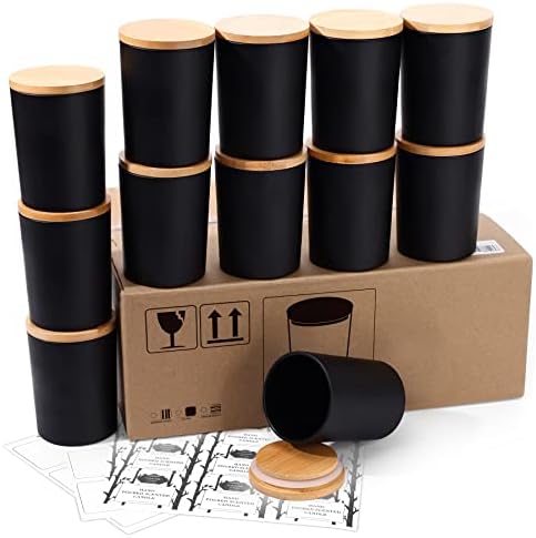 Aminigram 12 Pack, 10 oz Black Candle Jars with Bamboo Lids and Sticky Labels, Empty Glass Candle Jars for Making Candles, Morden Kitchen Bathroom Small Object Container - Dishwash Safe