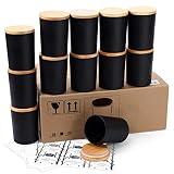 Aminigram 12 Pack, 10 oz Black Candle Jars with Bamboo Lids and Sticky Labels, Empty Glass Candle Ja