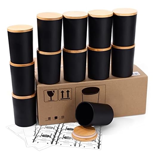 Aminigram 12 Pack, 10 oz Black Candle Jars with Bamboo Lids and Sticky Labels, Empty Glass Candle Jars for Making Candles, Morden Kitchen Bathroom Small Object Container - Dishwash Safe