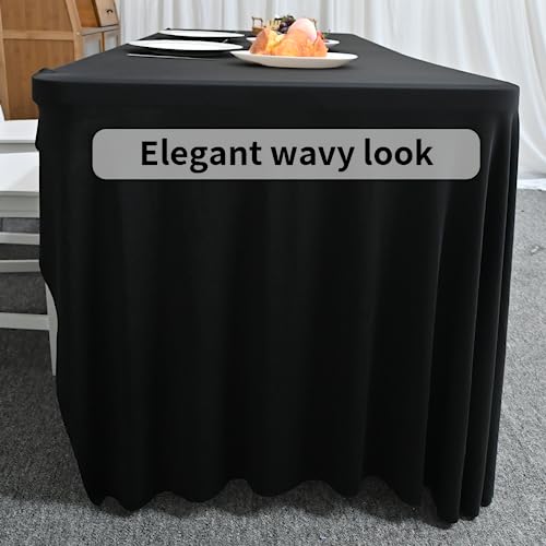 HAORUI Open Back Table Skirts, Rectangle Wrinkle Resistant Table Clothes, Ruffles Elastic Table Cover for Banquets, Weddings, Parties (6ft Black)
