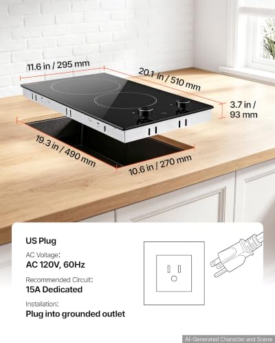 Image of VEVOR Electric Cooktop 12in 2 Burners Portable Stove Top 1800W 120V Plug In, Ceramic Countertop /Built-in Radiant Electric Stove, with 11 Power Levels, Over-Heat Guard, Knob Control