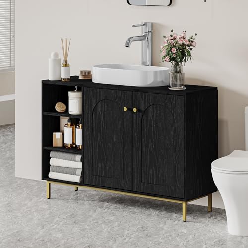 Hzuaneri Armario de Baño, Armario del Lavabo, Mueble de Almacenaje, con 2 Puertas, 2 Compartimentos, Balda Ajustable en altura, Resistente a la Humedad, 30 x 90 x 63 cm, Negro BC09804G