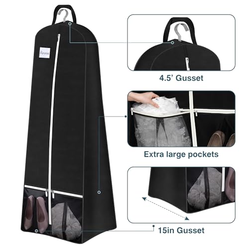 SLEEPING LAMB 72'' Bridal Wedding Gown Dress Garment Bag 15'' Gusseted Garment Cover Shoe Pockets Travel Garment Storage Bag for Prom, Evening Gowns, Black4