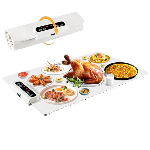 Food Warming Mat- Foldable Warming Mat for Food with Adjustable Temperature Control Time Moders Locking Function Electric Warming Tray for Parties,Home,Travel,Buffet White