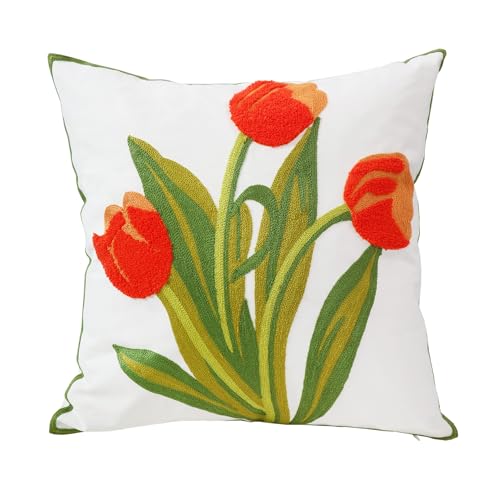 Hodeco Embroidery Throw Pillow Cover 18x18 Home Decor Floor Pillow Cover for Couch Sofa Chair Best Gift 100% Cotton Floral Embroidered Cushion Cover Square Pillowcase 45x45cm Red Tulip, 1 Piece