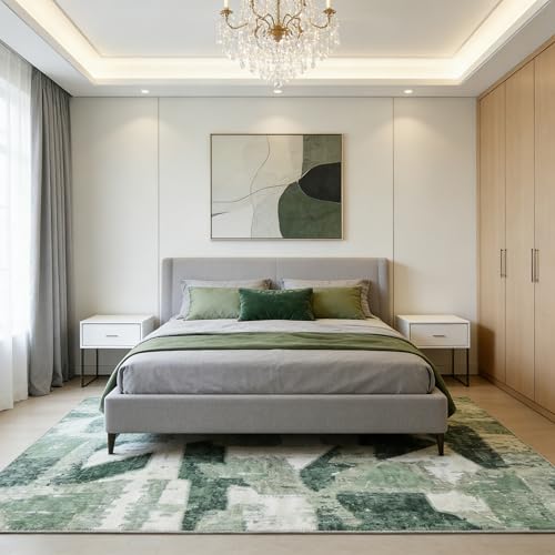 Image of 8X10 Area Rugs for Living Room Bedroom,Modern Abstract Large Carpet Green Rug 8x10 for Dining Room Office,Non Slip Washable Print Faux Wool Thin 8 by 10 Indoor Nursery Kids Home Pet & Child Friendly