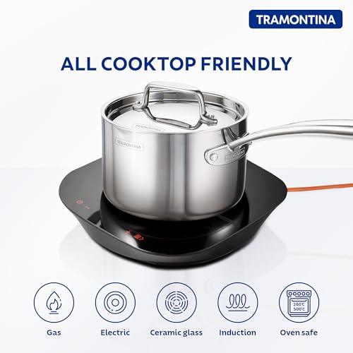 Image of TRAMONTINA Fusao Healthy Triply Ceramic 16cm / 2.1L Sauce Pan EX+ with SS 304 lid | Non Toxic (PFAS /PTFE /PFOA Free) Milk Pan | Stay Cool Handle I 10 Year Warranty | Polished, 2.1 Liter, Silver