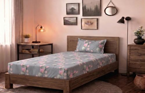Image of HOMEKART (110 TC & 110 GSM 100% Cotton Feel Bedsheet for Single Bed with One King Size Pillow Covers Soft /Breathable Wrinkel Free -60x90 Inches - (Grey & Pin)