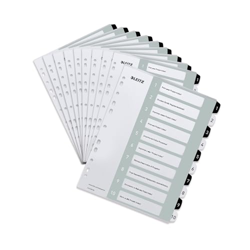Leitz Register für A4, 10er Pack, PC-beschriftbares Deckblatt und 10 Trennblätter, Taben mit Zahlenaufdruck 1-10, Überbreite, Weiß/Schwarz, Polypropylen, WOW, 12150000